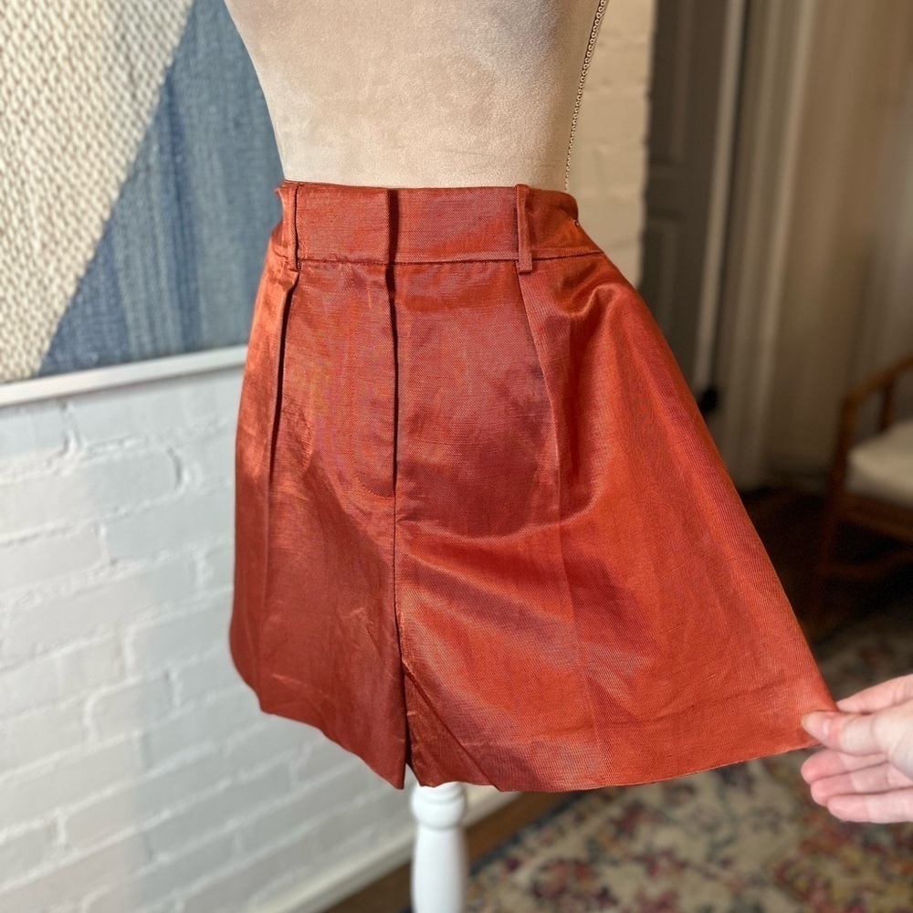 Theory High Waist Linen Blend Pleated Burnt Orange Shorts - Picture 4 of 12